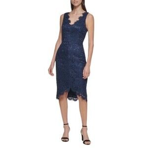 NWT ELIZA J | Navy Lace‎ Frayed Floral Sleeveless V Neck Formal Hi-Lo Dress 8